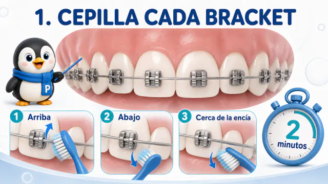 Cepillado arriba, abajo y cerca de la encía alrededor de cada bracket