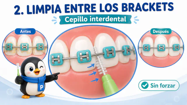 Cepillo interdental pasando suavemente bajo el arco y entre brackets