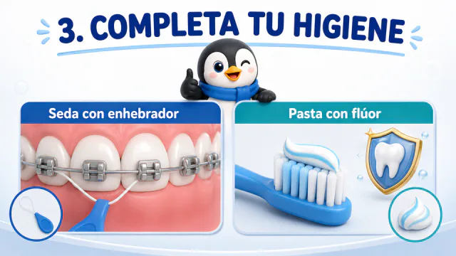 Seda dental con enhebrador y cepillo con pasta fluorada
