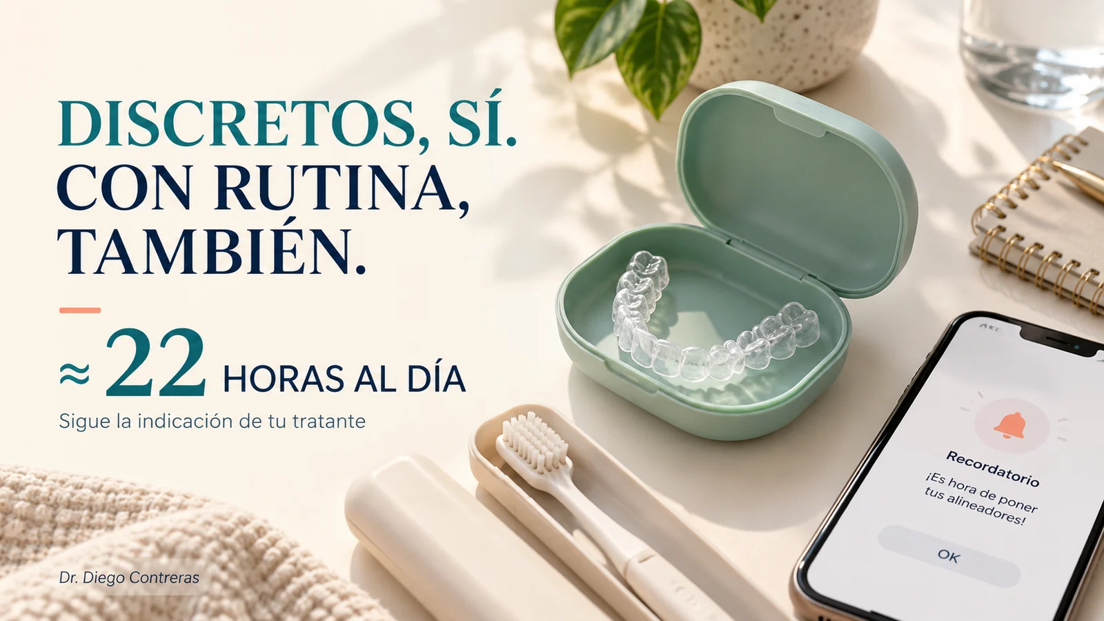 Alineador transparente en su estuche, recordatorio y kit de higiene para organizar su uso diario