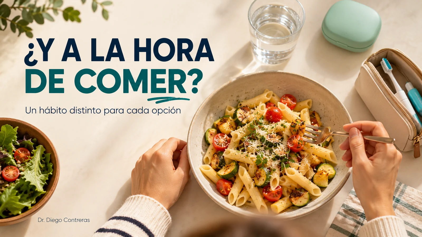 Almuerzo con alimentos blandos, agua y un estuche de alineadores cerrado