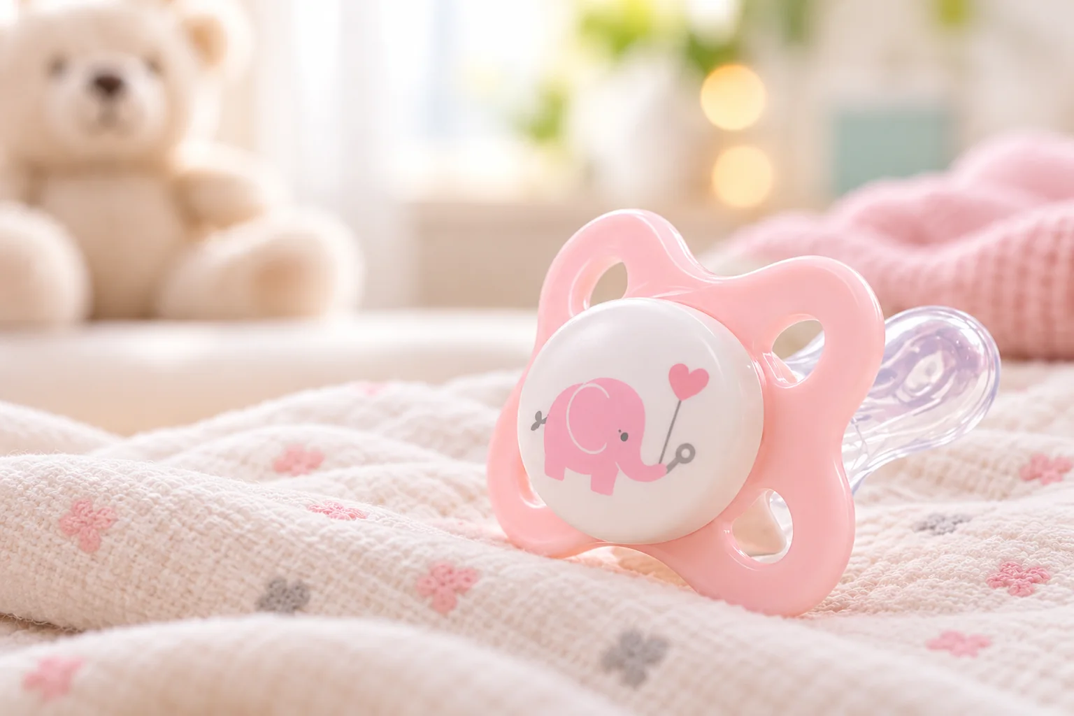 Chupete rosa de escudo ventilado con diseño de elefante