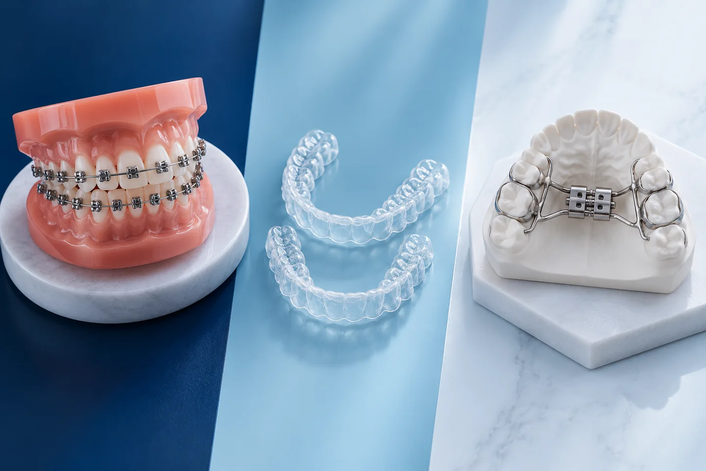 Modelos ilustrativos de brackets, alineadores y expansión maxilar