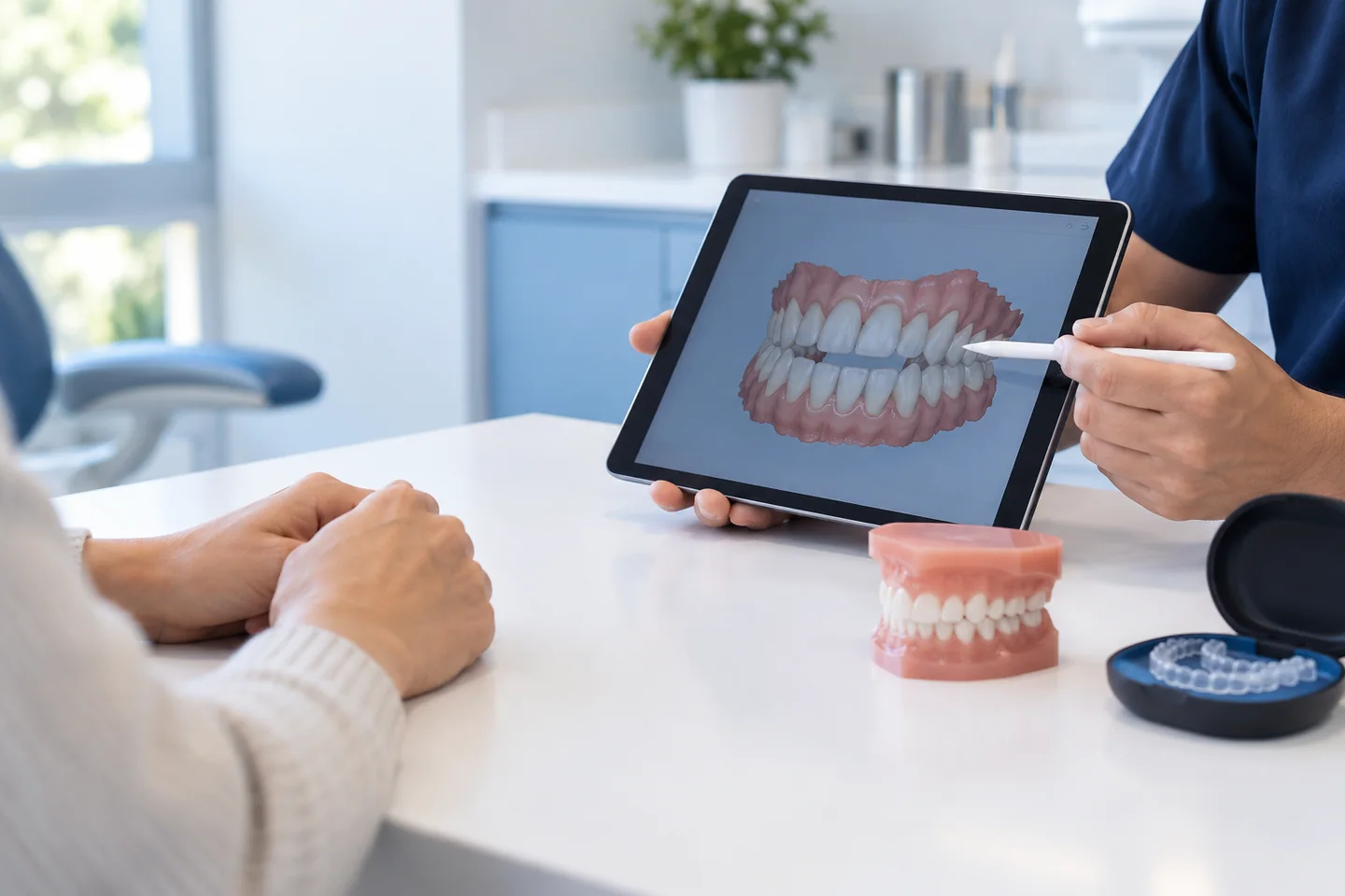 Evaluación de ortodoncia con explicación de un escaneo dental digital